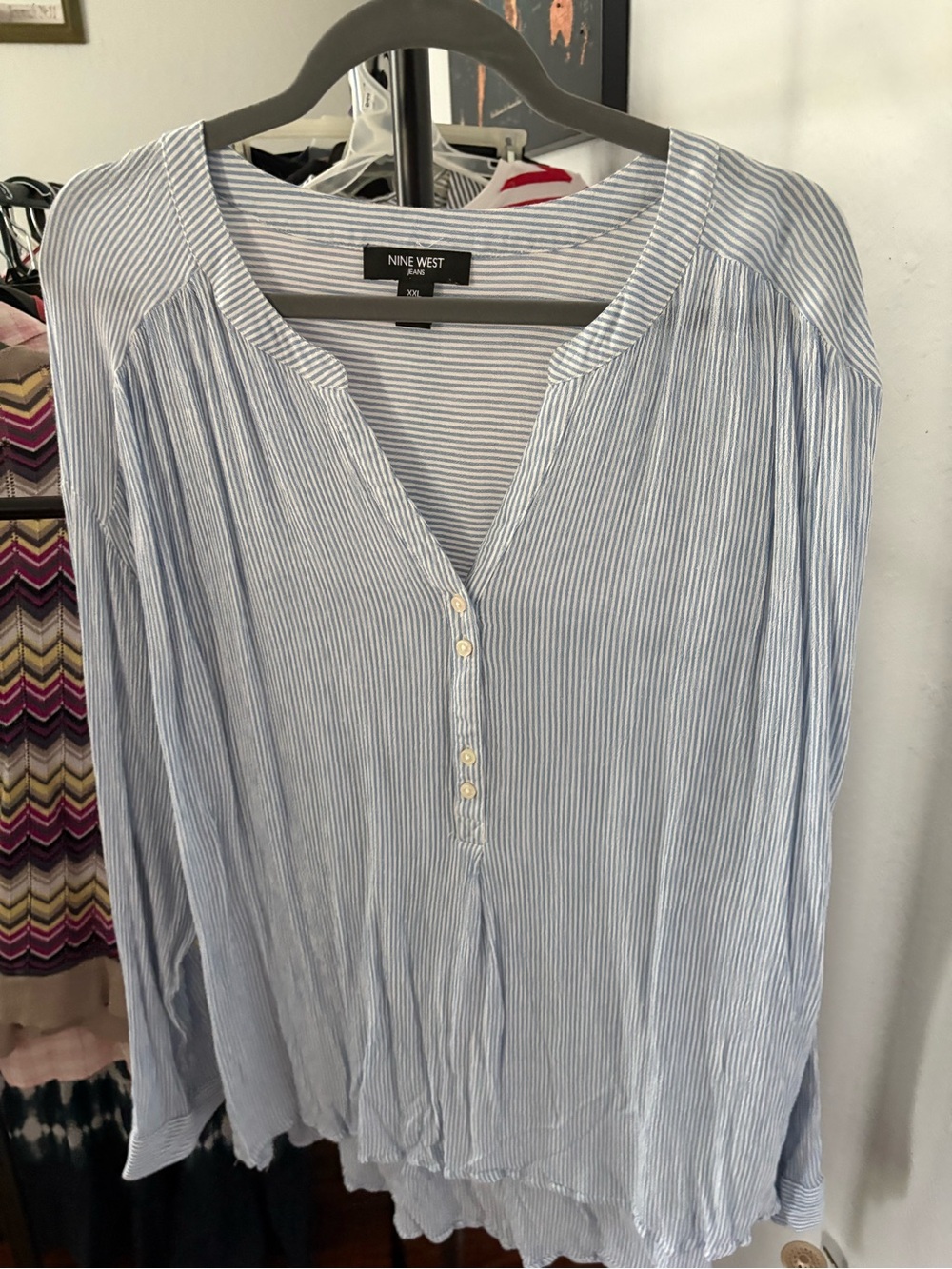 Nine West Light Blue & White Striped Henley Blouse